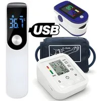 Athlix Blutdruckmessgerät 3 in 1 Blutdruckmessgerät Set, Pulsoximeter, Infrarot-Thermometer, 3er Set: Blutdruckmessgerät, Stirnthermometer, Pulsoximeter