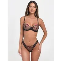 Elegant Love Set: Push-up-BH Bestickter BH & Tüll-Tanga, Transparentes Mesh-Dessous (Set, 2-tlg., mit String, Panty) elegantes Lingerie Sexy Set, Unterwäsche für Frauen