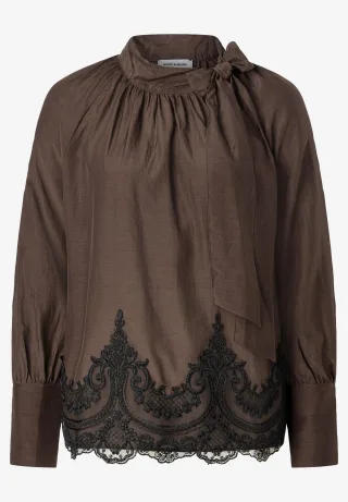 MORE & MORE - Bluse mit Schluppe und Spitzensaum braun - Gr. - 36