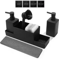 Lumkudos Küchenorganizer-Set 350ML Spülbecken Organizer mit Bürste, Seifenspender Spülschwamm, (4-tlg., Flaschen*2, Schwämme*2, Tablett*1, Pinsel*1, Aufkleber, Matte*1), Spülorganizer mit Zwei Seifenspender, Küchengadget Organizer