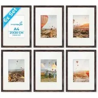 PHOTOLINI Bilderrahmen 6er Set 21x30 cm / A4 Poster-Rahmen mit Passepartout zum Aufhängen, für 6 Bilder (6er Set), MDF Holz, bruchsicheres Acrylglas & Zubehör, für Fotos & Poster