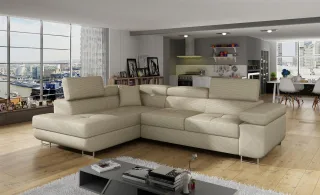Ecksofa Schlafsofa SARRA in Stoff Jarell Hellbeige Ottomane Links