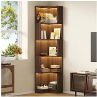 Merax Bücherregal mit LED-Farbwechsel, 1-tlg., Eckbücherregal Eckregal L-förmiges Regal mit 5 Ebenen, 63,5x45x175 cm