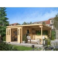 Woodtex Gartenhaus Gartenhaus Blockbohlenhaus CA2977 28 mm naturbelassen mit 3 m Anbau, BxT: 596x298 cm, Anbaudach, 28 mm Wandstärke, Doppeltür mit Echtglas-Einsätzen