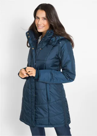 bonprix Long-Steppjacke wattiert mit Kragen und Kapuze, blau, Gr.48, Funktionale figurumschmeichelnde Long-Steppjacke mit abnehmbarer Kapuze
