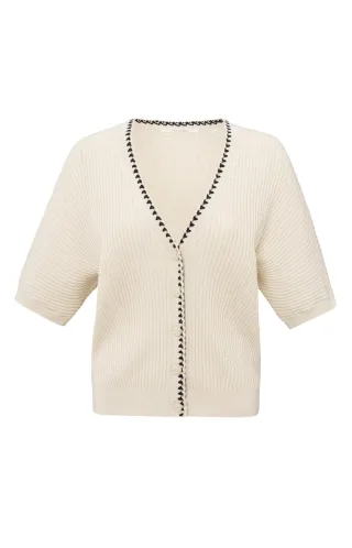 Yaya - Gerippte Strickjacke mit Stichdetail und kurzen Ärmeln beige - Gr. - S