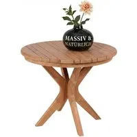 MR.DEKO Beistelltisch aus Teakholz rund Ø60 cm natur massiv Outdoor wetterfest (Ideal zu Deckchairs kombinierbar – für drinnen & draußen geeignet, 1-St), Plantagen-Teak Vollholz – wetterfest, vielseitig, leicht montierbar