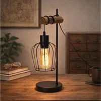 ZMH Tischleuchte Wohnzimmer Retro Schwarz-Holz Nachttischlampe Industrial Design E27, Einfache Installation, ohne Leuchtmittel, 1 Flammig Vintage Tischleuchte im Industrial Design aus Metall Esstich