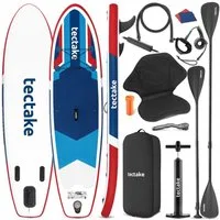 tectake SUP-Board Aufblasbares Paddle Board 2in1, Drop-Stitch, belastbar, Komplettset, Stand-up Paddle, (Sup Board Mit Kajaksitz Poseidon, in Rot/blau), Inkl. verstellbares Doppelpaddel und Kajak-Sitz für flexiblen Einsatz