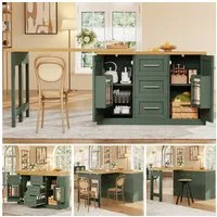 Flieks Kücheninsel Mehrzweckschrank mit 360° drehbarer und klappbarer Arbeitstisch, (Holzoptik Tischplatte Tiefe 40-80cm, Längenverstellbar 120-197cm), ausziehbarer Esstisch & Küchenschrank mit Schubladen&Snackregal Grün