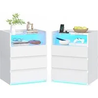 MSMASK Nachttisch mit LED-Beleuchtung und Steckdosen, 3 Schubladen, 45x35x61cm (2-St), Nachtschrank mit Sichtbarer Glastischplatte