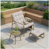 en.casa Gartenlounge-Set, (Set, 3-tlg., Gartenstuhl, Gartentisch, Fußhocker), »Trerdfjoa« Polsterkissen Metallgestell Beige/Grau