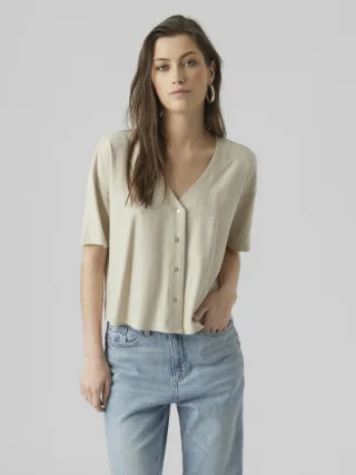 VERO MODA - VMMYMILO 2/4 V-NECK SHIRT WVN NOOS Silver Lining - Gr. - S