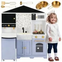 Flieks Spielküche Holz + Kunststoff, Kinderküche 60x90x105cm mit Zubehör