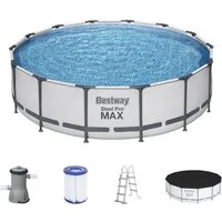 Bestway Framepool 56950 Frame Pool Steel Pro MAX Lichtgrau, rund (Kompett Set, 5-tlg., Pool, Pumpe, Filter, Leiter, Plane), Ø 427 x 107 cm rund lichtgrau