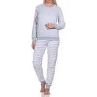 Normann Pyjama Damen Frottee Schlafanzug lang mit Bündchen und floraler Applikation