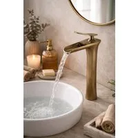 wohnwerk.idee Badarmatur Retro-Waschtischarmatur Hoch, Wasserfall-Auslauf, Edelstahl, antik Gold Matt oder Kupfer Matt