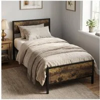 PFCTART Metallbett Bett 90x200 Metallbett mit Holzoptik, Stahl & MDF, Vintage (Set, 1-tlg., Bettgestell 90x200 als Einzelbett, inkl. Lattenrost, für Jugendzimmer), 160 kg, 90 cm Kopfteil, 27 cm Bodenfreiheit, schwarz, kratzerfest