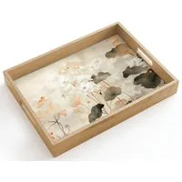 OnlyWow Tablett Rechteckig mit Henkel Blumen - Japandi - Wabi sabi, Eichenholz, (1-tlg), Siervierplatte, Tray, Frühstücksbrett