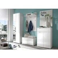 moebel-dich-auf Garderoben-Set SLICE, (Komplett-Set, 5-St., Garderobenschrank + Paneel + Bank + Spiegel + Schuhkommode), Front MDF weiß Hochglanz