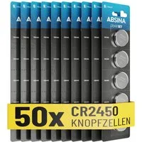 ABSINA CR2450 Knopfzelle 50er Pack - CR 2450 3V Knopfzellen auslaufsicher Knopfzelle, (3V V, 1 St)