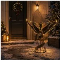 Online-Fuchs Dekofigur großer Engel aus Metall mit LED-Lichterkette & Timer - Weihnachtsdeko (goldfarbig, warmweiße Beleuchtung), für den Außenbereich geeignet - Outdoor