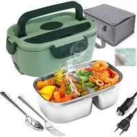 MOPUEA Elektrische Lunchbox 3 in 1 Elektrische Lunchbox, Lunchbox Brotdose aus Edelstahl, (1,5 L Großes,Auskleidung aus Edelstahl 304, isolierte Lunchbox für Zuhause und Auto), schnelles Erhitzen von Speisen, Design mit zwei Fächern
