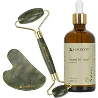 Habys Massageliege Gesichts-Massage-Set Jadeit Gua Sha + Roller + Mandelöl 100 ml