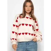 SASSYCLASSY Strickpullover Oversize Pullover mit roten Herzen für Damen Weicher Strickpullover mit Wollanteil und Rundhalsausschnitt Offwhite