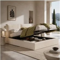 KLAM HOME Polsterbett Beiges Polsterbett aus Chenille mit gepolstertem hohem Kopfteil (Doppelbett 180x200cm mit Hydraulik-Stauraum und Lattenrost), Funktionsbett mit Unterbettstauraum für aufgeräumtes Schlafzimmer