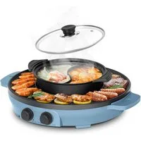 ENFRIFAM Teppanyakigrill Elektrische Hot Pot mit Grill, 2 in 1 Grillplatte Party-Pfanne Elektro, Antihaftbeschichtung, für 2-8 Personen, Doppelte Trennung Design