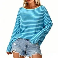 Arach&Cloz Langarmshirt Damen Oversize Shirt, Gestreiftes Off-Shoulder Top für Sommer und Urlaub