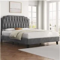 Yaheetech Polsterbett Bettgestell, Doppelbett 160 × 200 cm, mit höhenverstellbarem Kopfteil