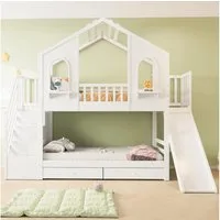 Flieks Etagenbett, Kinderbett Hausbett 90x200cm mit Stauraumtreppe, Rutsche, 2 Schubladen
