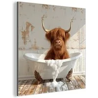 MuchoWow Metallbild Schottischer Highlander - Badewanne - Vintage - Kuh, Inkl. Aufhängung, Metallbilder Badezimmer, Toilette Bilder aus Metall, 20x20 cm