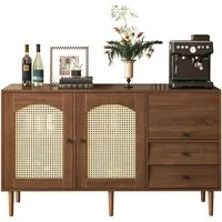Merax Sideboard Buffet Rattan mit 3 Türen und 2 Schubladen, Antik,Landhaus Stil, Kommode aus Holz und Rattan,B/H/T:130/76/41 cm