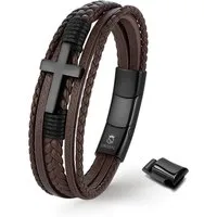 UNIQAL.de Lederarmband HEAVEN – Kreuzarmband aus Edelstahl, Symbol für Glaube & Stärke (Edelstahl, Echtleder, Casual Style, Magnetverschluss mit Verlängerungsglied), Premium Qualität, Männerschmuck, Geschenkidee