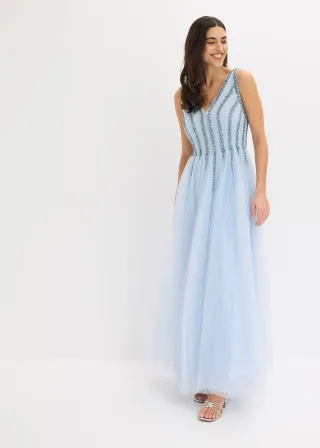 bonprix Maxikleid aus feinem Tüll mit Paillettenstickerei, blau, Gr.40, Modern und feminin: Abendkleid in Maxi-Länge aus feinem Tüll mit weitem Rock und im Oberteil mit wunderschöner Paillettenstickerei dekoriert