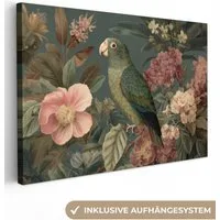 OneMillionCanvasses® Leinwandbild Grüner Papagei - Bunte Blumen - Dunkler Hintergrund, Fotodruck (1 St), Leinwand Bilder Klein, Wand Dekoration Aesthetic 30x20 cm
