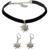 Alpenflüstern Ketten-Set Trachtenschmuck-Set Trachten-Samt-Kropfband und Ohrhänger Strass-Edelweiß (schwarz), - Damen-Trachten-Schmuck, Trachtenset Trachtenkette und Trachten-Ohrringe