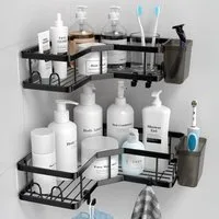 FANNOU Duschablage Ohne Bohren, 2 Stück Selbstklebend Eckregal Badezimmer Organizer, Duschregal Edelstahl mit 4 Haken und 2 Zahnpasta Halter, Duschkorb