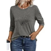 PYLIKE Longsleeve Damen bequemes Longsleeve Shirt Lockere Tops mit Löwenzahn Print Geeignet für den täglichen Gebrauch im Büro und zu Hause