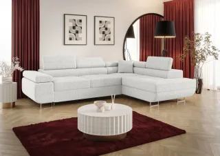 Ecksofa Schlafsofa Sofa MONARO Stoff Quelle Weiß Ottomane Rechts