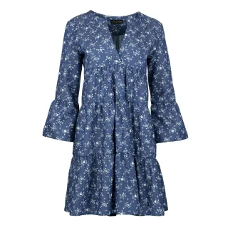Indigo Floral A Line Kleid mit Glockenärmeln
