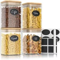 Arendo Aufbewahrungsbecher Glasbehälter-Set 4x 1,2 L Borosilikat quadratisch mit Bambusdeckel, Borosilikatglas, Bambus, Silikon, (Vorratsbehälter-Set, 4-tlg., 4er Set), luftdicht, hitze & kältebeständig, Mikrowellen & spülmaschinengeeignet