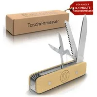 Eli Taschenmesser für Kinder - erstes Kindertaschenmesser Multitool 3 in 1, (inkl. Säge - Kindermesser - Schere, Taschenwerkzeug - Werkzeug - Multifunktionswerkzeug), beidhändig - Holzgriff