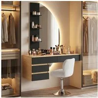 HOMALL Schminktisch Hängender Schminktisch mit drei einstellbaren Farbtemperaturen (LED-Silikon-Lichtleiste in drei Farben, Maße: 106 × 40 × 143 cm, mit 3 offenen Ablagefächern und 2 Schubladen, für vielfältige Einsatzmöglichkeiten geeignet)