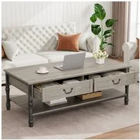 GarveeMore Couchtisch 2 Schubladen, römische Säulenbeine, offenes Ablagefach, Vintage-Griffe, PB+Eisen, 105x45x55 cm, grau