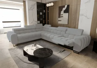 Ecksofa Schlafsofa BASTIEN RELAX in Stoff Terra Hellgrau Ottomane Links