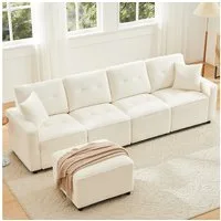 Flieks 4-Sitzer Sofa mit hydraulisches Stauraum und 1 Hocker, L280xT83xH85 cm, L-förmiges Sofa Ecksofa Polstersofa inkl. Kissen, Cordstoff Beige